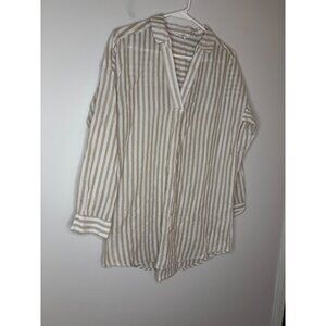 TRIBAL JEANS Long Sleeve Striped Tunic Womens M Tan White V-Neck Collar
